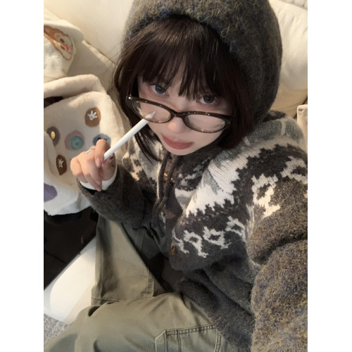 美式復古費爾島連帽毛衣開衫女秋冬慵懶風別致牛角釦寬松針織外套