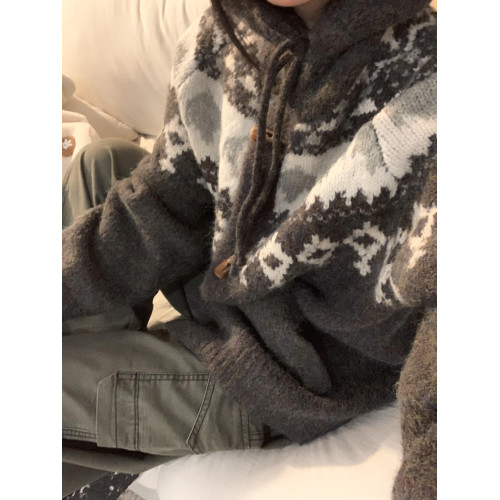 美式復古費爾島連帽毛衣開衫女秋冬慵懶風別致牛角釦寬松針織外套