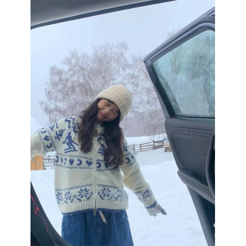 Pump/冬日滑雪 北歐復古費爾島聖誕樹毛衣寬松針織開衫外套女春季