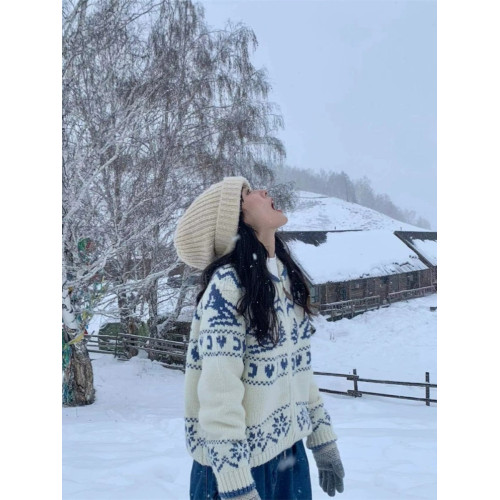 Pump/冬日滑雪 北歐復古費爾島聖誕樹毛衣寬松針織開衫外套女春季