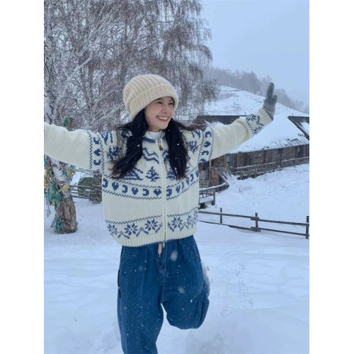Pump/冬日滑雪 北歐復古費爾島聖誕樹毛衣寬松針織開衫外套女春季