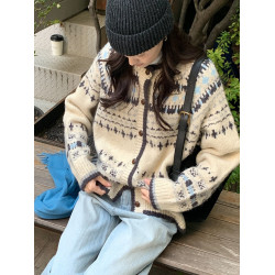 高級感復古提花圓領針織開衫女秋冬加厚單排釦寬松費爾島毛衣外套