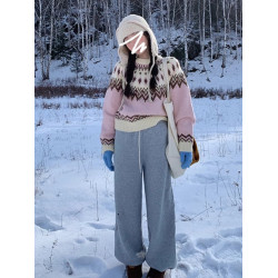 費爾島毛衣女春春秋新款復古高級感圓領針織衫慵懶風寬松套頭上衣