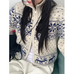 雪花針織毛衣女日系復古費爾島短開衫女秋冬立領長袖拉鍊針織外套