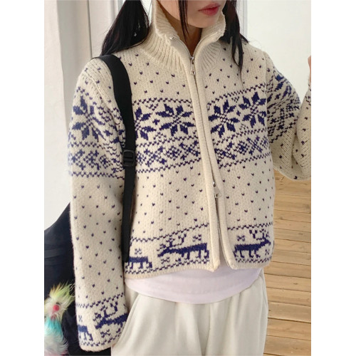 雪花針織毛衣女日系復古費爾島短開衫女秋冬立領長袖拉鍊針織外套