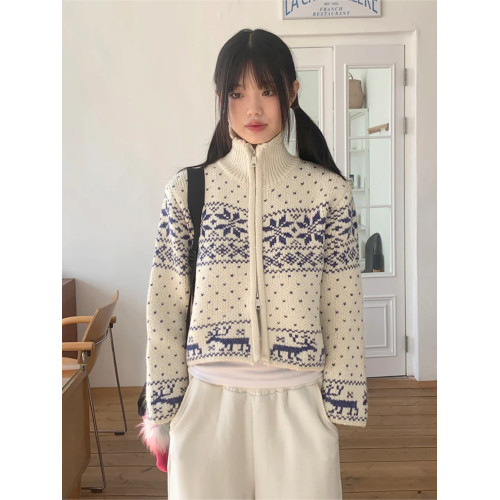 雪花針織毛衣女日系復古費爾島短開衫女秋冬立領長袖拉鍊針織外套