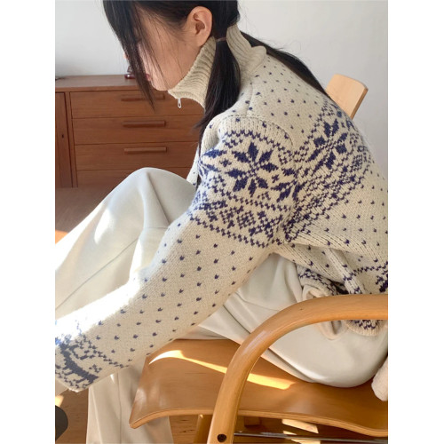 雪花針織毛衣女日系復古費爾島短開衫女秋冬立領長袖拉鍊針織外套