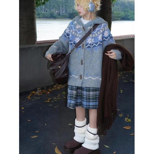 美式復古牛角釦軟糯馬海毛費爾島毛衣外套女秋冬加厚針織外搭開衫