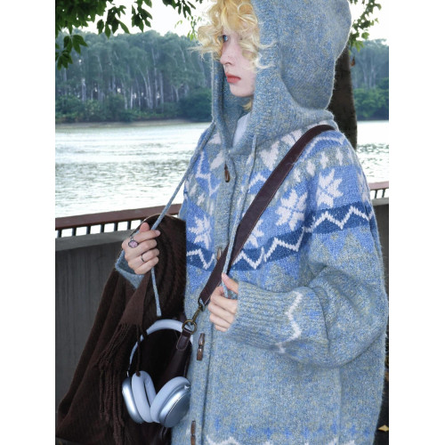 美式復古牛角釦軟糯馬海毛費爾島毛衣外套女秋冬加厚針織外搭開衫