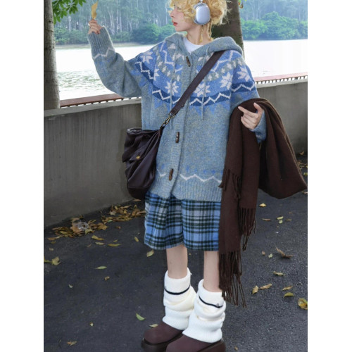 美式復古牛角釦軟糯馬海毛費爾島毛衣外套女秋冬加厚針織外搭開衫