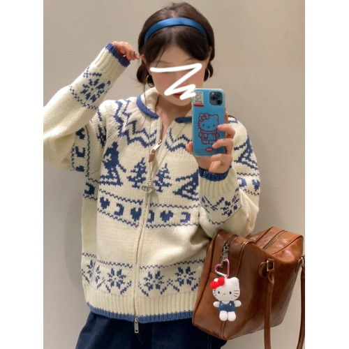 費爾島雙拉鍊毛衣女秋冬2025年新款高級感慵懶風加厚針織開衫上衣