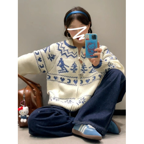 費爾島雙拉鍊毛衣女秋冬2025年新款高級感慵懶風加厚針織開衫上衣