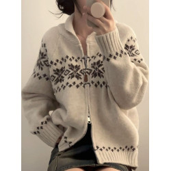 溫柔風復古費爾島提花毛衣外套女秋冬季慵懶風雙拉鍊長袖針織開衫