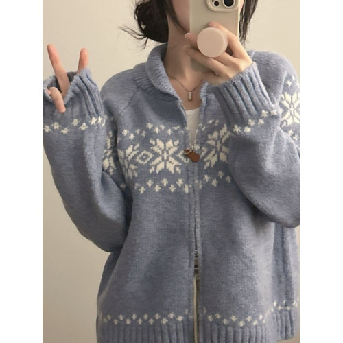 溫柔風復古費爾島提花毛衣外套女秋冬季慵懶風雙拉鍊長袖針織開衫 溫柔風復古費爾島提花毛衣外套女秋冬季慵懶風雙拉鍊長袖針織開衫