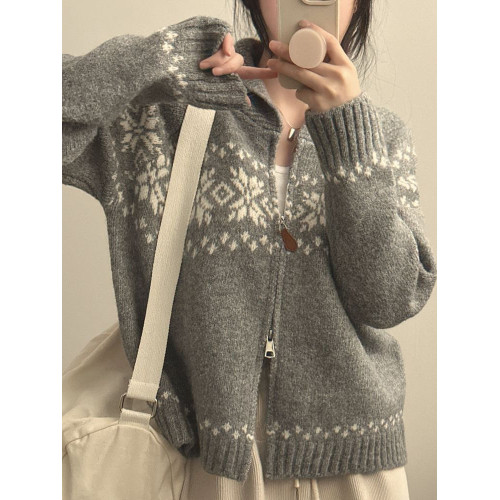 溫柔風復古費爾島提花毛衣外套女秋冬季慵懶風雙拉鍊長袖針織開衫 溫柔風復古費爾島提花毛衣外套女秋冬季慵懶風雙拉鍊長袖針織開衫