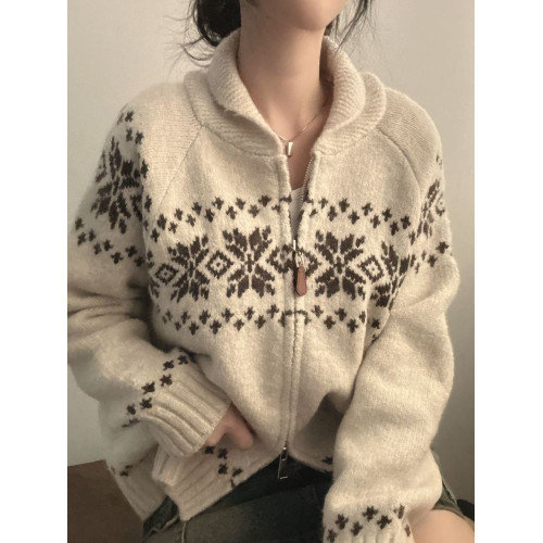 溫柔風復古費爾島提花毛衣外套女秋冬季慵懶風雙拉鍊長袖針織開衫 溫柔風復古費爾島提花毛衣外套女秋冬季慵懶風雙拉鍊長袖針織開衫