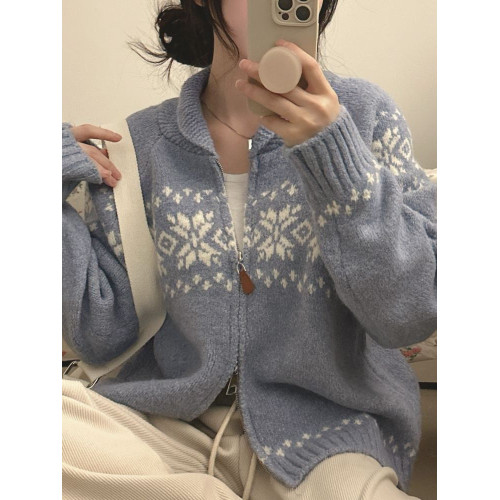 溫柔風復古費爾島提花毛衣外套女秋冬季慵懶風雙拉鍊長袖針織開衫 溫柔風復古費爾島提花毛衣外套女秋冬季慵懶風雙拉鍊長袖針織開衫