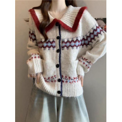 韓系高級感翻領提花針織開衫女早秋新費爾島寬松顯瘦百搭毛衣外套