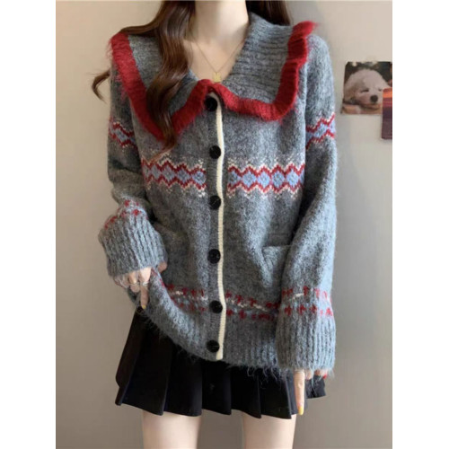 韓系高級感翻領提花針織開衫女早秋新費爾島寬松顯瘦百搭毛衣外套 韓系高級感翻領提花針織開衫女早秋新費爾島寬松顯瘦百搭毛衣外套