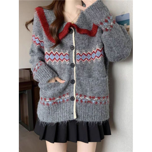 韓系高級感翻領提花針織開衫女早秋新費爾島寬松顯瘦百搭毛衣外套 韓系高級感翻領提花針織開衫女早秋新費爾島寬松顯瘦百搭毛衣外套