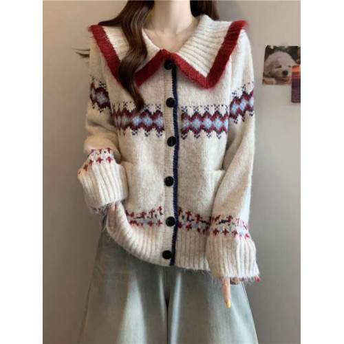 韓系高級感翻領提花針織開衫女早秋新費爾島寬松顯瘦百搭毛衣外套 韓系高級感翻領提花針織開衫女早秋新費爾島寬松顯瘦百搭毛衣外套