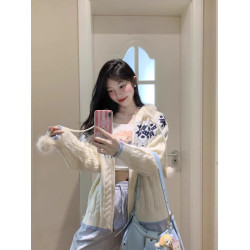 學院風毛領連帽拉鍊開衫外套女秋冬韓系慵懶風針織上衣費爾島毛衣