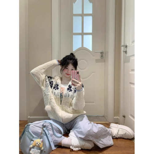 學院風毛領連帽拉鍊開衫外套女秋冬韓系慵懶風針織上衣費爾島毛衣