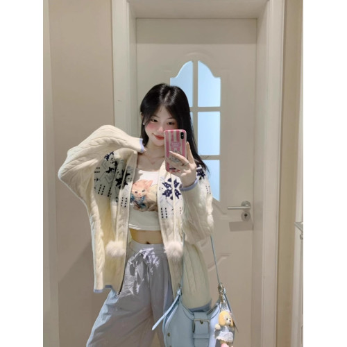 學院風毛領連帽拉鍊開衫外套女秋冬韓系慵懶風針織上衣費爾島毛衣