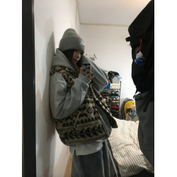 復古費爾島寬松曡穿立領毛絨馬夾背心2025年新款休閒坎肩馬甲女款