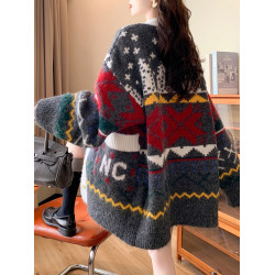 秋冬費爾島提花巨好看針織毛衣開衫女慵懶風高級感中長款大碼外套