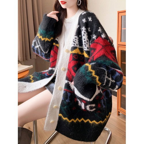 秋冬費爾島提花巨好看針織毛衣開衫女慵懶風高級感中長款大碼外套