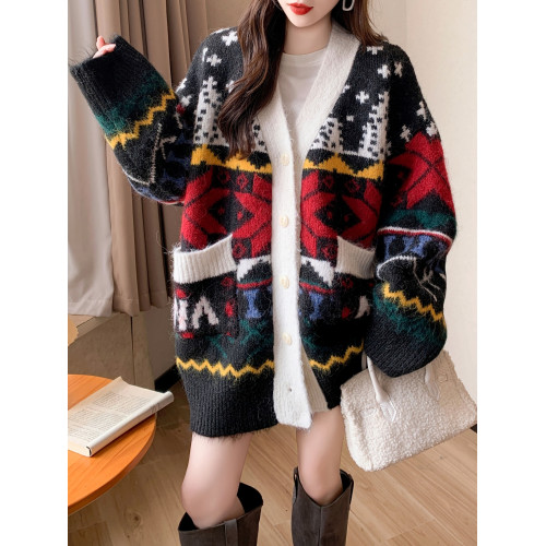 秋冬費爾島提花巨好看針織毛衣開衫女慵懶風高級感中長款大碼外套