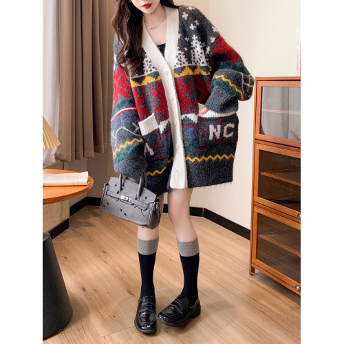 秋冬費爾島提花巨好看針織毛衣開衫女慵懶風高級感中長款大碼外套