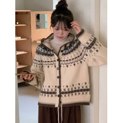 韓國chic秋冬小衆復古重工費爾島提花撞色長袖連帽針織毛衣外套女
