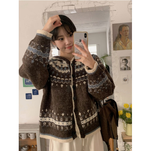 韓國chic秋冬小衆復古重工費爾島提花撞色長袖連帽針織毛衣外套女 韓國chic秋冬小衆復古重工費爾島提花撞色長袖連帽針織毛衣外套女