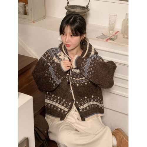 韓國chic秋冬小衆復古重工費爾島提花撞色長袖連帽針織毛衣外套女 韓國chic秋冬小衆復古重工費爾島提花撞色長袖連帽針織毛衣外套女