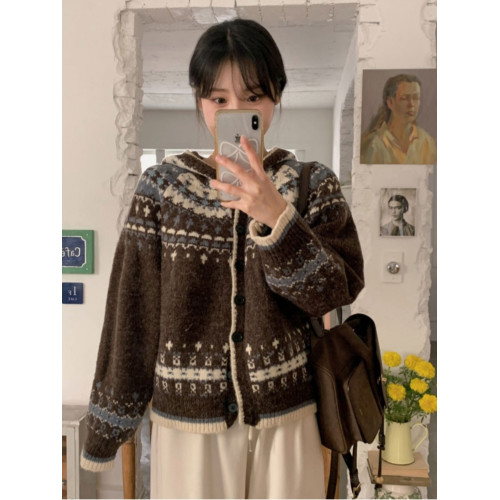 韓國chic秋冬小衆復古重工費爾島提花撞色長袖連帽針織毛衣外套女 韓國chic秋冬小衆復古重工費爾島提花撞色長袖連帽針織毛衣外套女