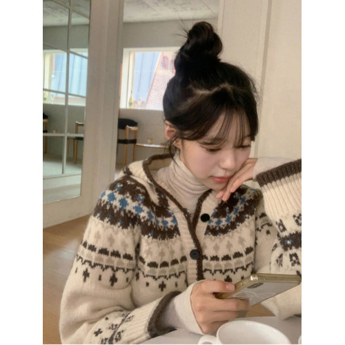 韓國chic秋冬小衆復古重工費爾島提花撞色長袖連帽針織毛衣外套女 韓國chic秋冬小衆復古重工費爾島提花撞色長袖連帽針織毛衣外套女