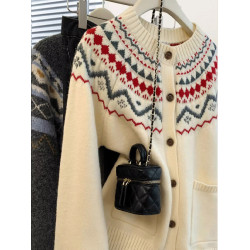 費爾島圓領毛衣外套女秋冬新款軟糯寬松慵懶風針織開衫上衣加厚冬