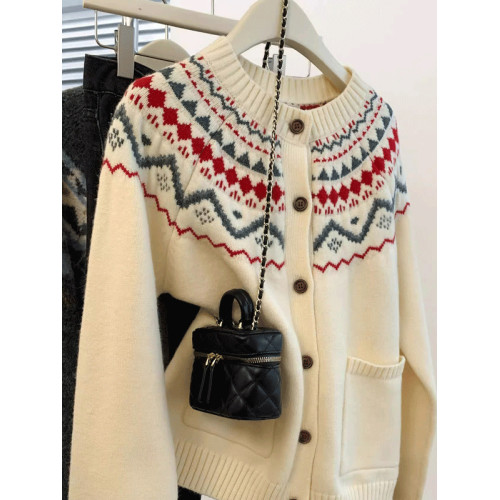 費爾島圓領毛衣外套女秋冬新款軟糯寬松慵懶風針織開衫上衣加厚冬