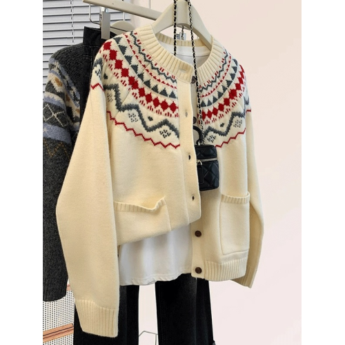 費爾島圓領毛衣外套女秋冬新款軟糯寬松慵懶風針織開衫上衣加厚冬