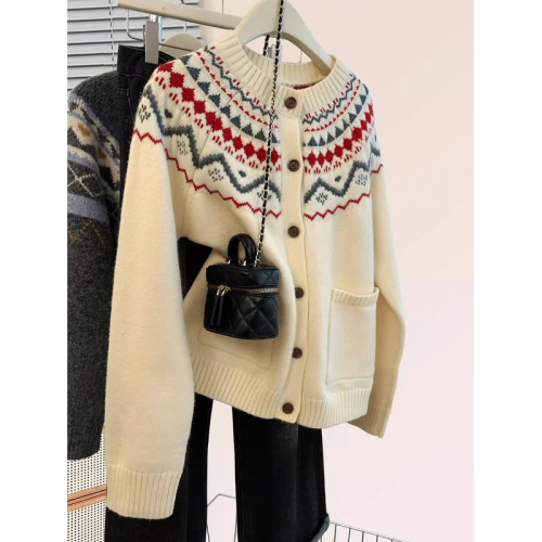 費爾島圓領毛衣外套女秋冬新款軟糯寬松慵懶風針織開衫上衣加厚冬