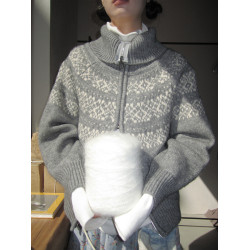 3months冬季新款寬松雙拉鍊慵懶風百搭費爾島提花針織開衫外套女