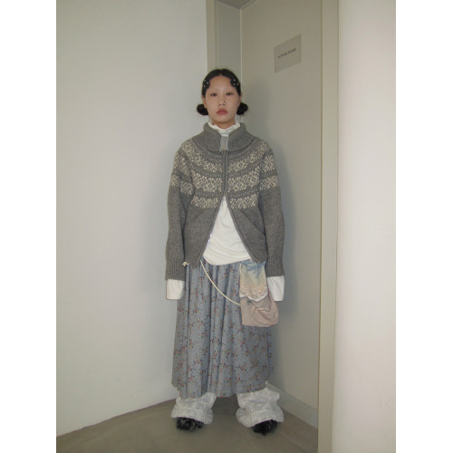 3months冬季新款寬松雙拉鍊慵懶風百搭費爾島提花針織開衫外套女