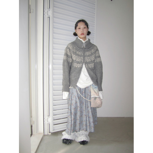 3months冬季新款寬松雙拉鍊慵懶風百搭費爾島提花針織開衫外套女