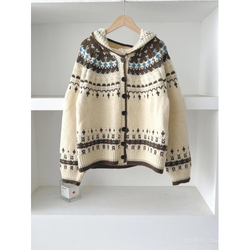 費爾島系復古文藝風~冬日穿搭 撞色提花寬松百搭減齡時尚毛衣外套