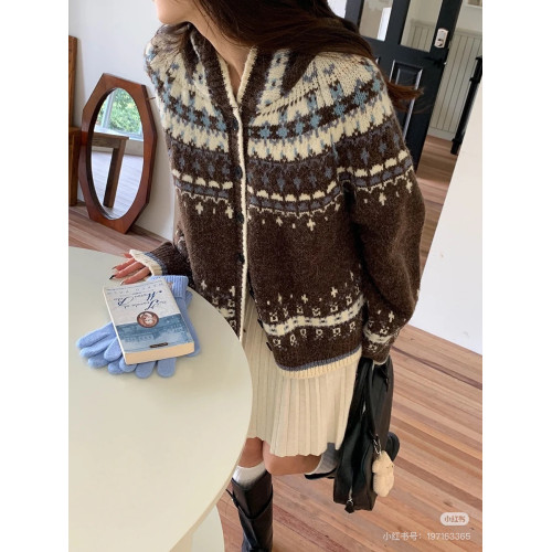 費爾島系復古文藝風~冬日穿搭 撞色提花寬松百搭減齡時尚毛衣外套