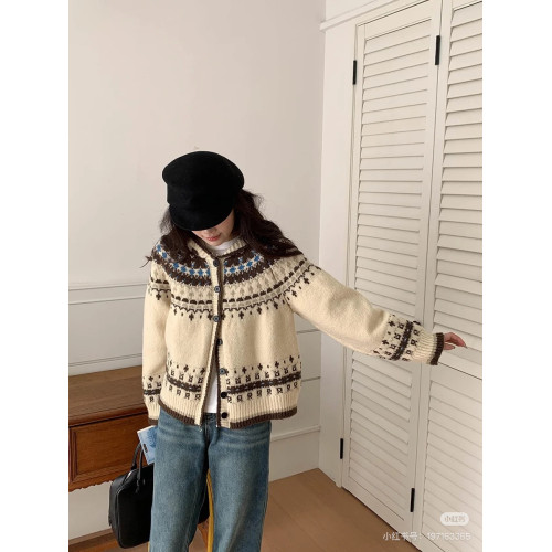 費爾島系復古文藝風~冬日穿搭 撞色提花寬松百搭減齡時尚毛衣外套