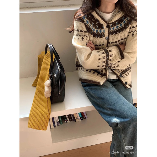 費爾島系復古文藝風~冬日穿搭 撞色提花寬松百搭減齡時尚毛衣外套