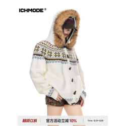 ICH MODE 美式復古費爾島毛領連帽針織開衫女春秋季慵懶毛衣外套